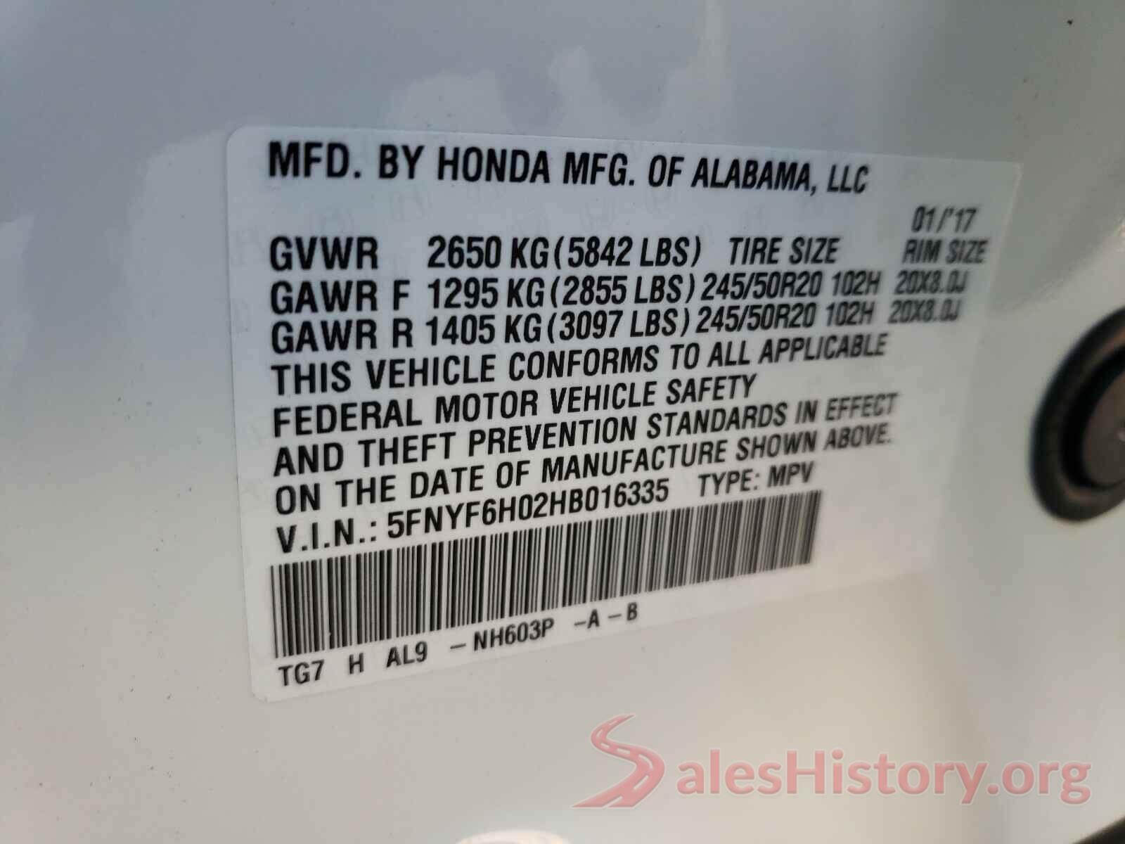 5FNYF6H02HB016335 2017 HONDA PILOT