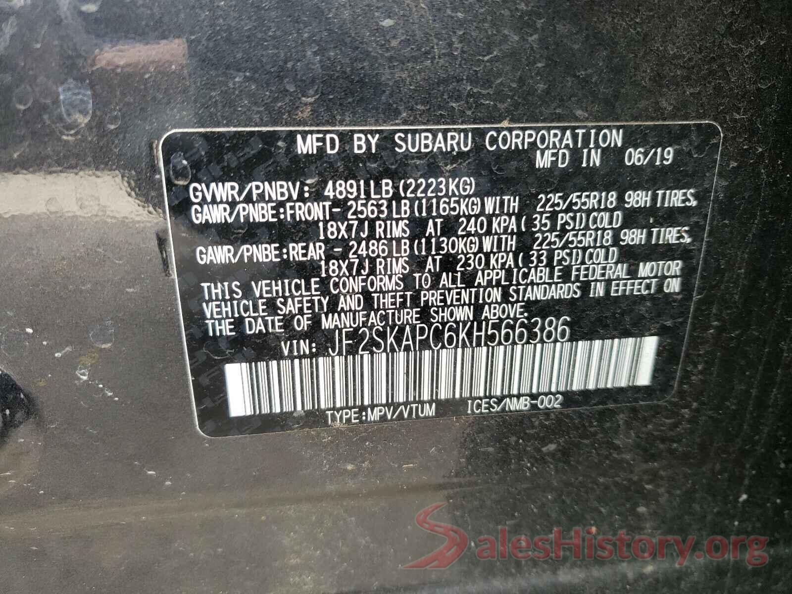 JF2SKAPC6KH566386 2019 SUBARU FORESTER