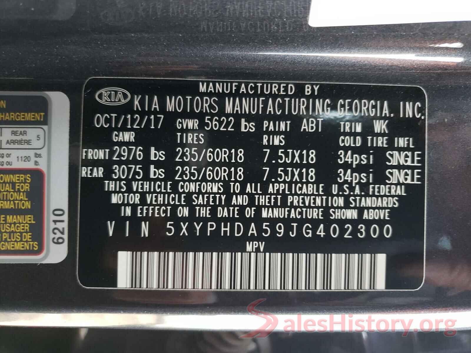 5XYPHDA59JG402300 2018 KIA SORENTO