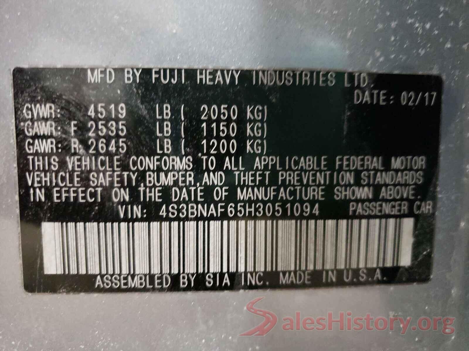 4S3BNAF65H3051094 2017 SUBARU LEGACY