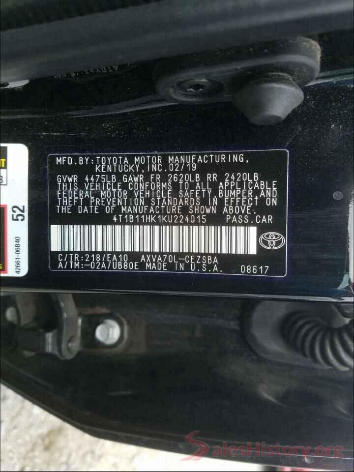 4T1B11HK1KU224015 2019 TOYOTA CAMRY