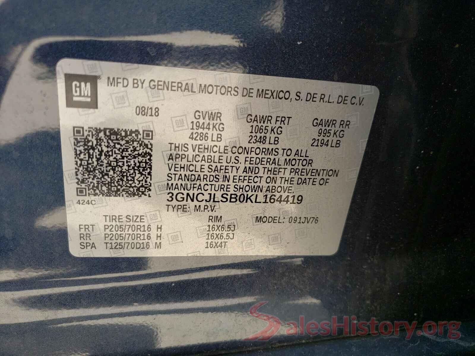 3GNCJLSB0KL164419 2019 CHEVROLET TRAX