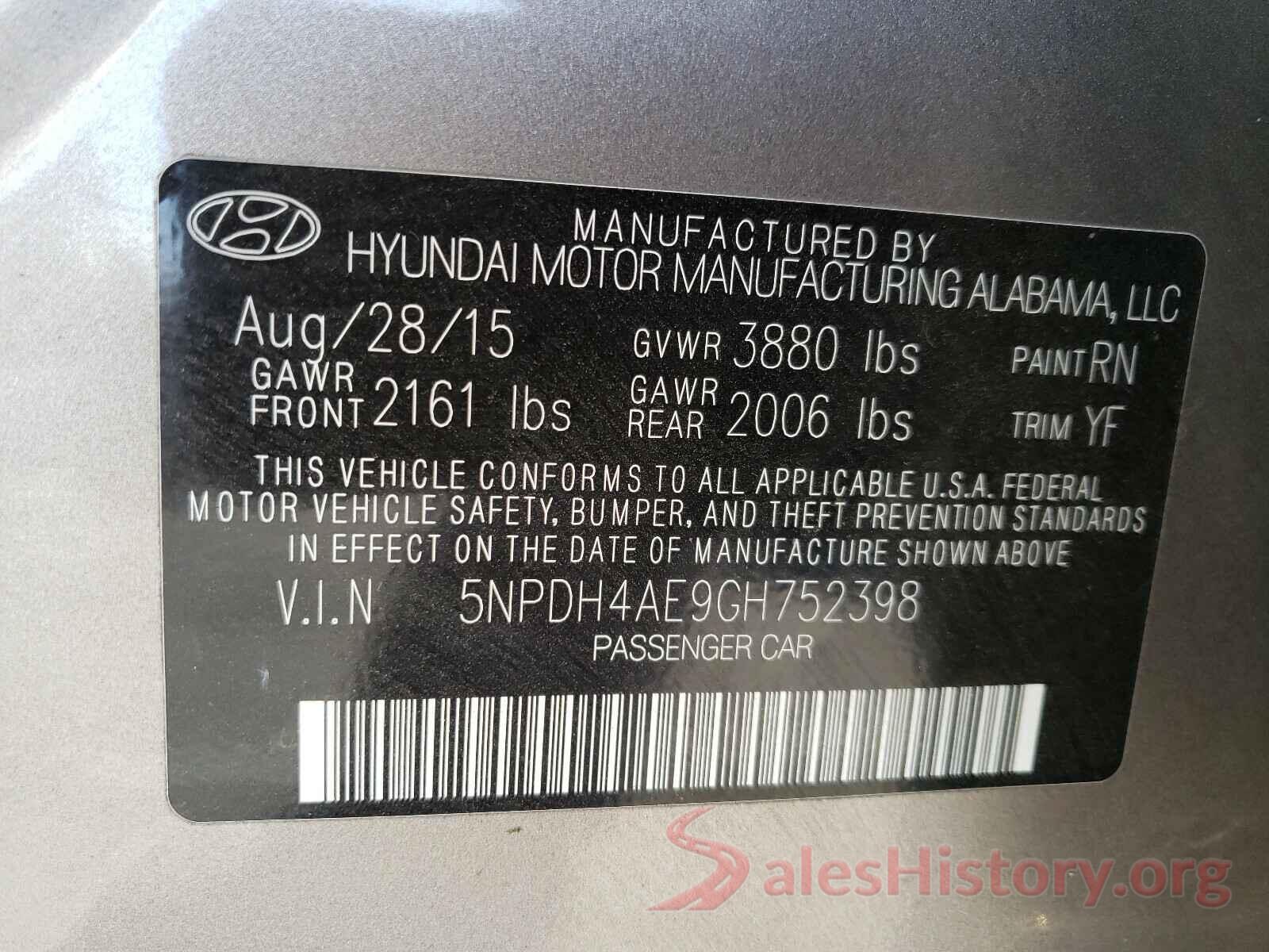 5NPDH4AE9GH752398 2016 HYUNDAI ELANTRA