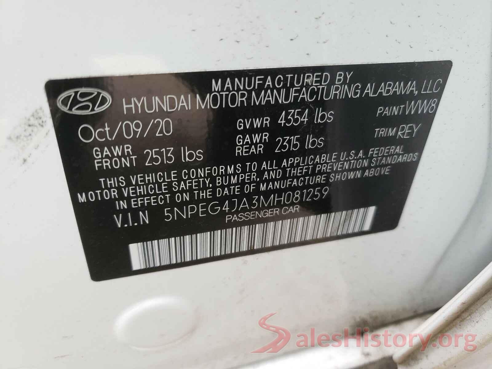 5NPEG4JA3MH081259 2021 HYUNDAI SONATA