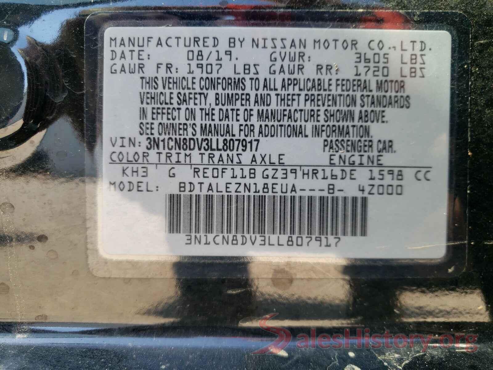 3N1CN8DV3LL807917 2020 NISSAN VERSA