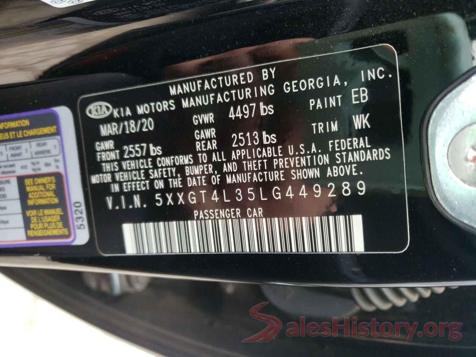 5XXGT4L35LG449289 2020 KIA OPTIMA