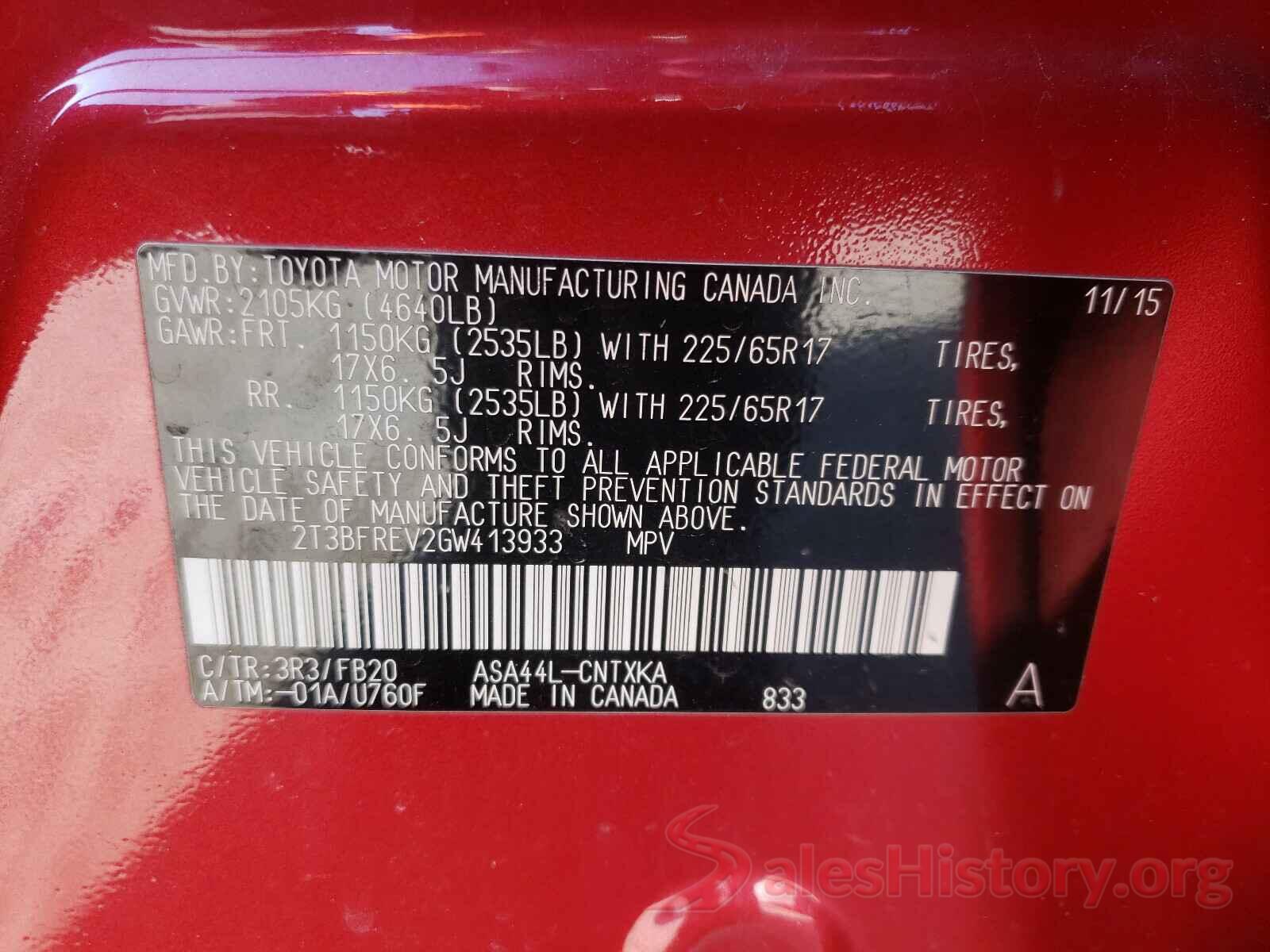 2T3BFREV2GW413933 2016 TOYOTA RAV4