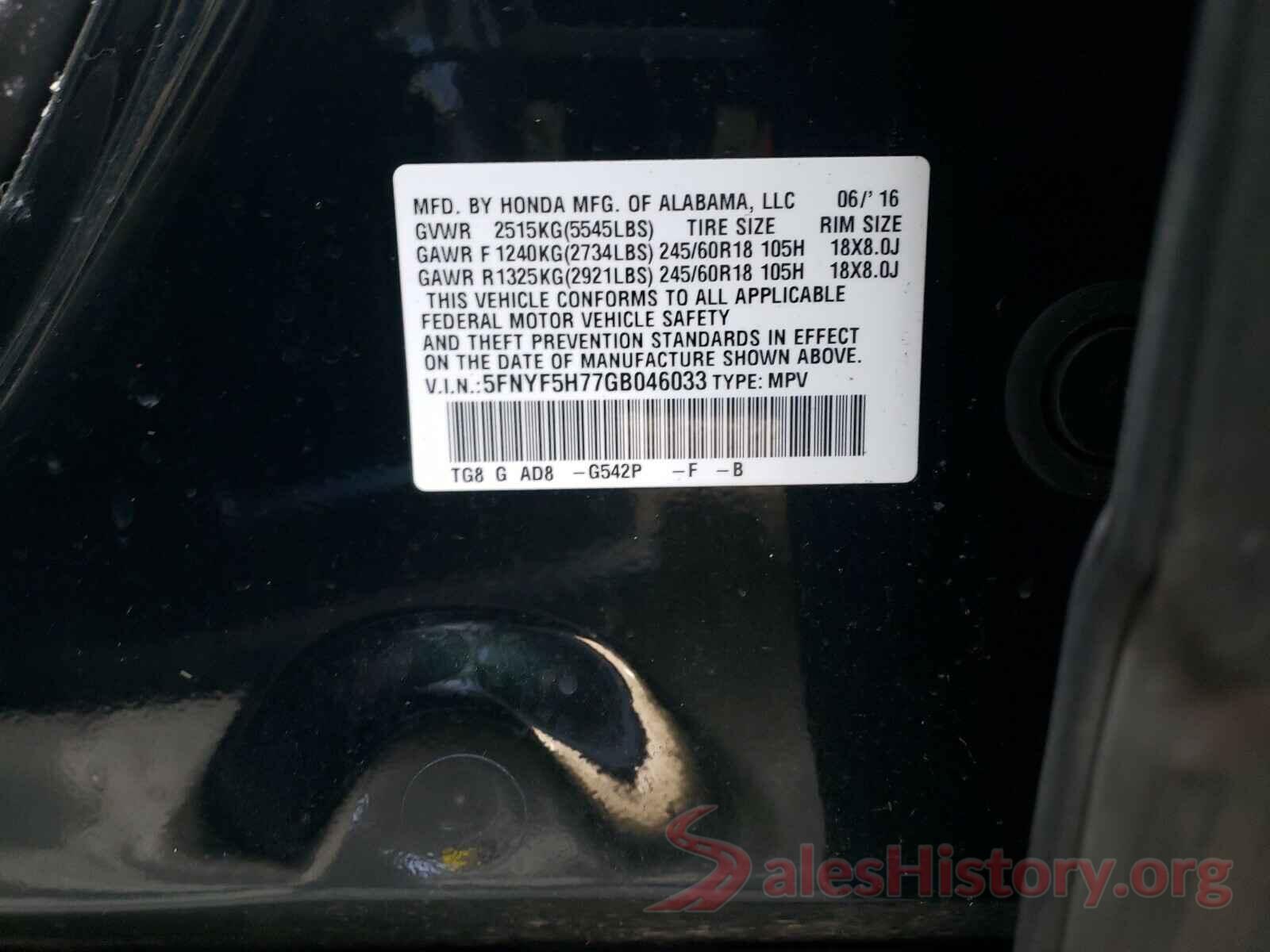 5FNYF5H77GB046033 2016 HONDA PILOT