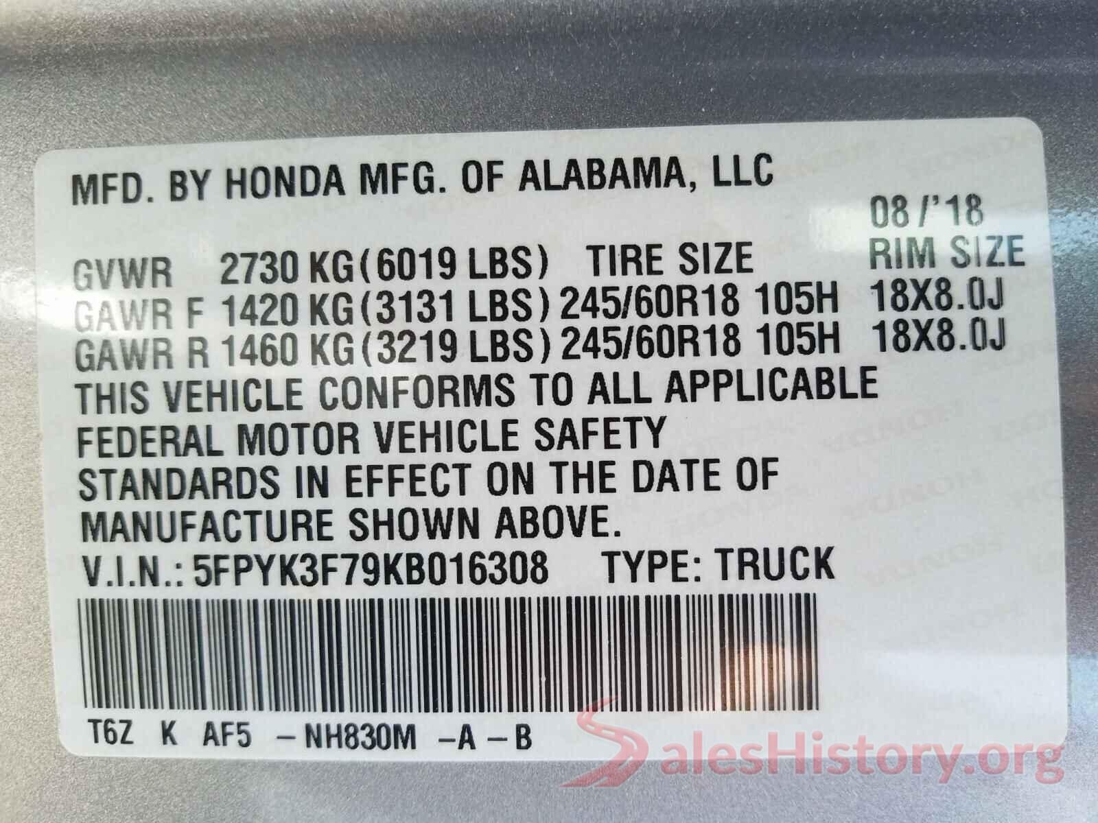 5FPYK3F79KB016308 2019 HONDA RIDGELINE