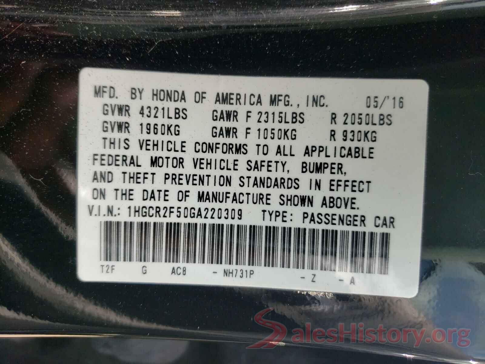 1HGCR2F50GA220309 2016 HONDA ACCORD