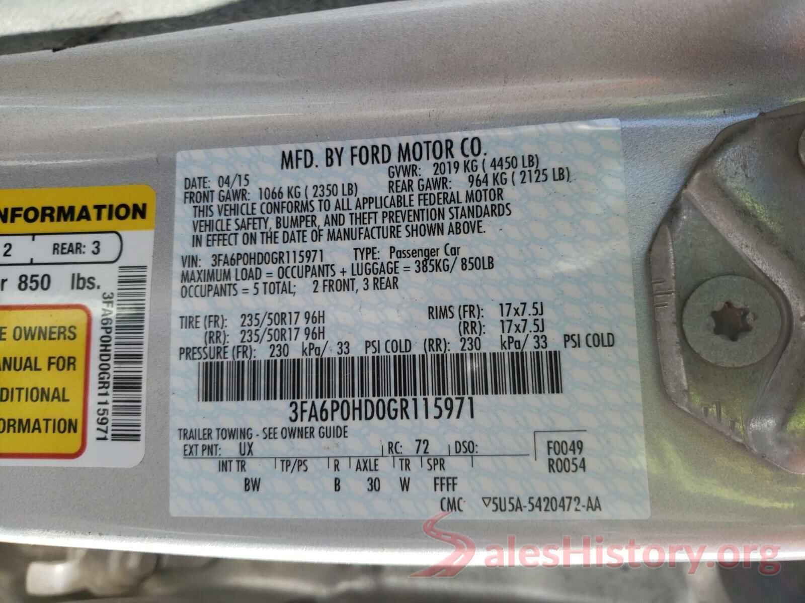 3FA6P0HD0GR115971 2016 FORD FUSION