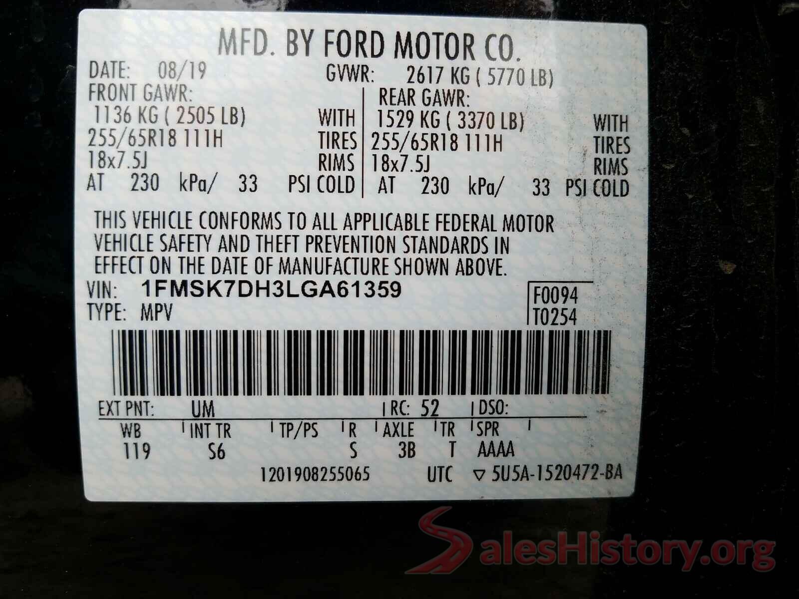 1FMSK7DH3LGA61359 2020 FORD EXPLORER