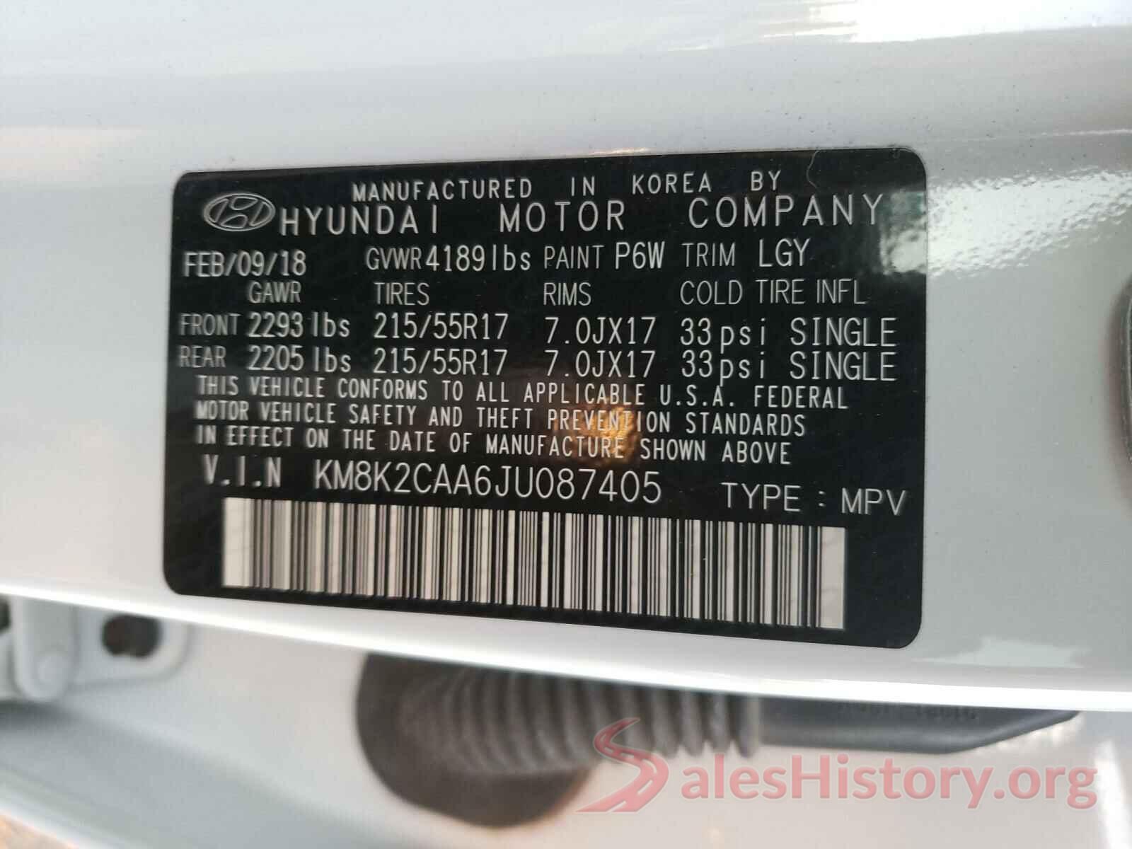 KM8K2CAA6JU087405 2018 HYUNDAI KONA