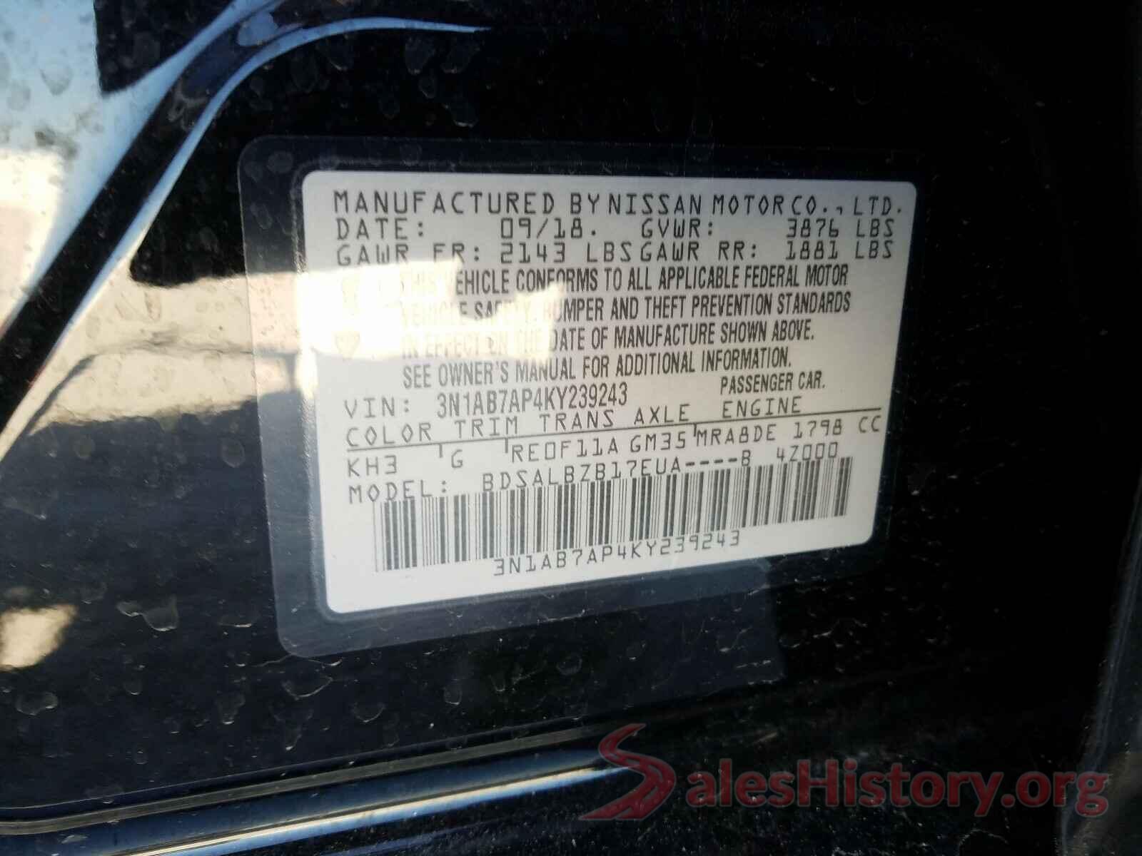 3N1AB7AP4KY239243 2019 NISSAN SENTRA