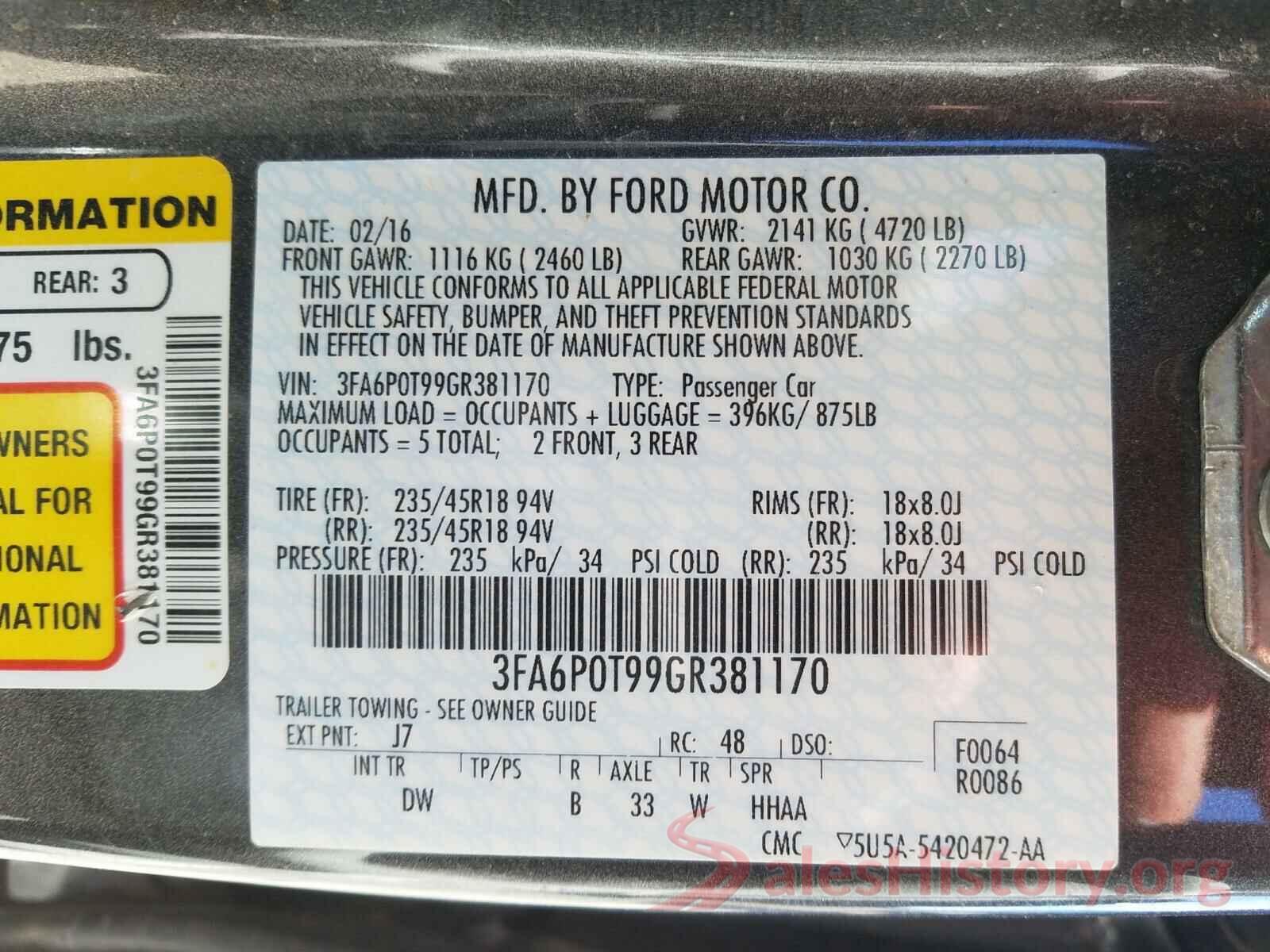 3FA6P0T99GR381170 2016 FORD FUSION