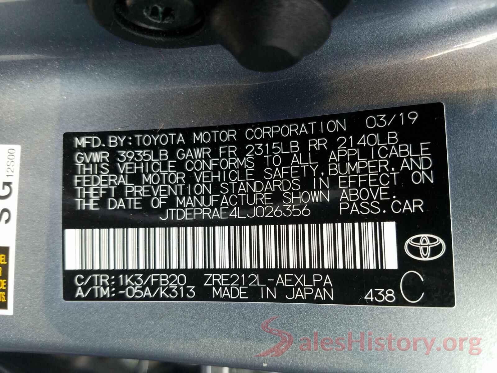 JTDEPRAE4LJ026356 2020 TOYOTA COROLLA