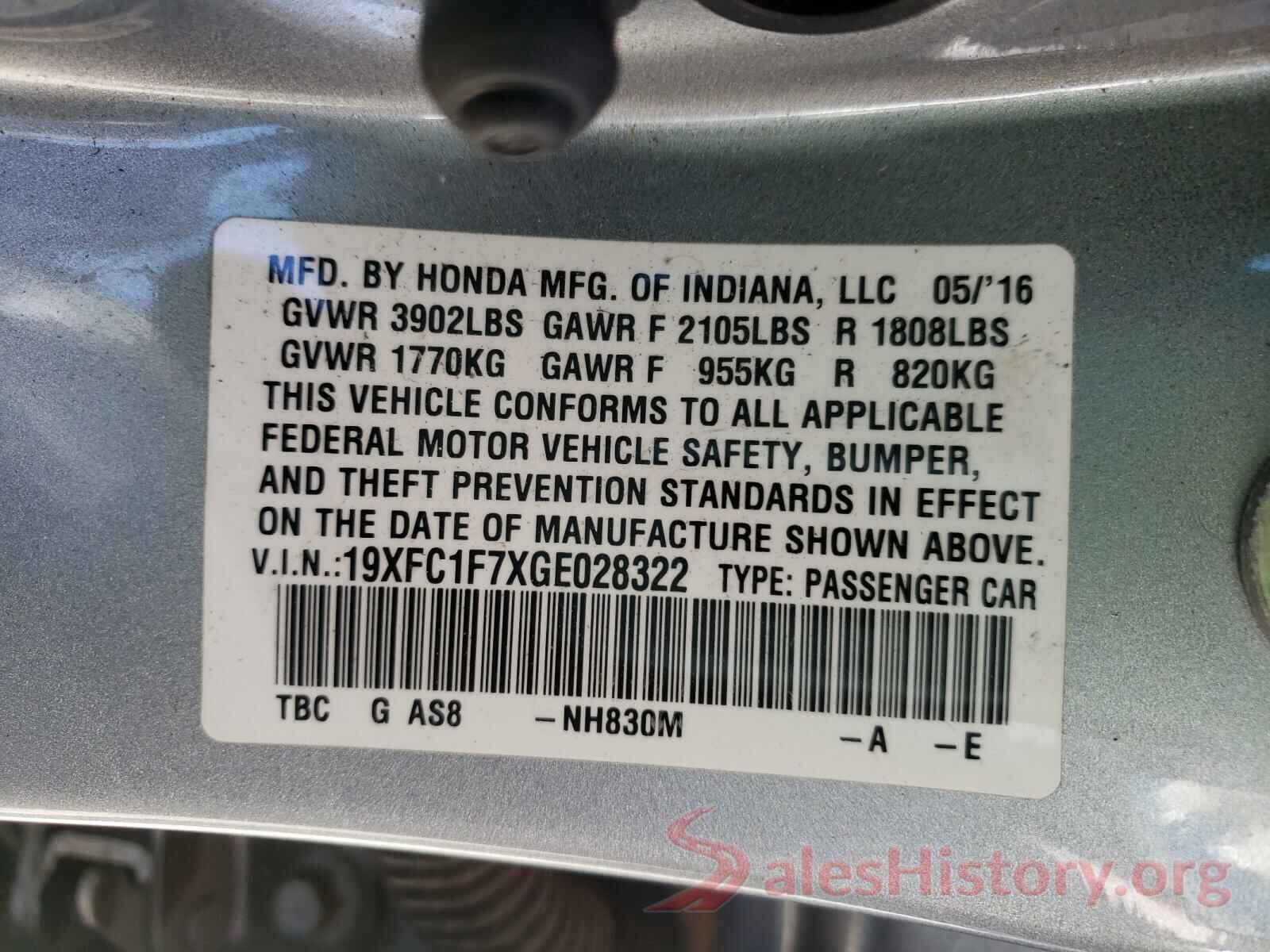 19XFC1F7XGE028322 2016 HONDA CIVIC