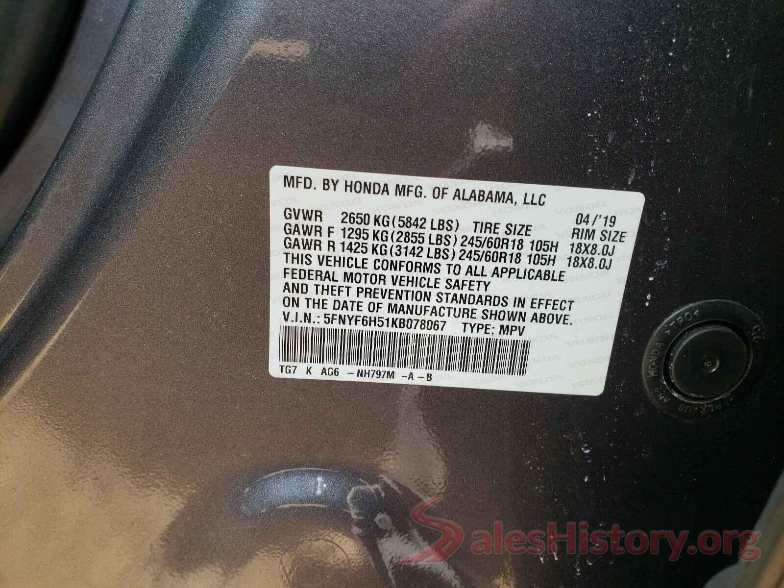 5FNYF6H51KB078067 2019 HONDA PILOT