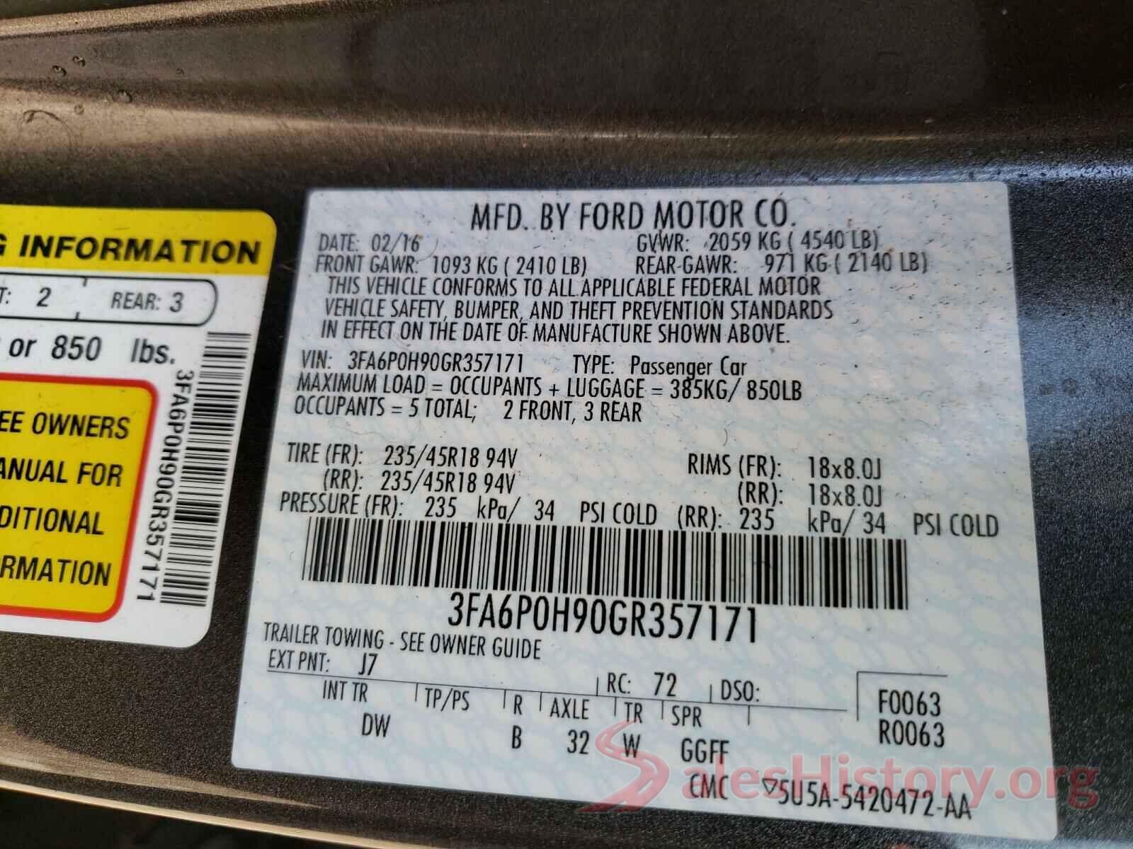 3FA6P0H90GR357171 2016 FORD FUSION