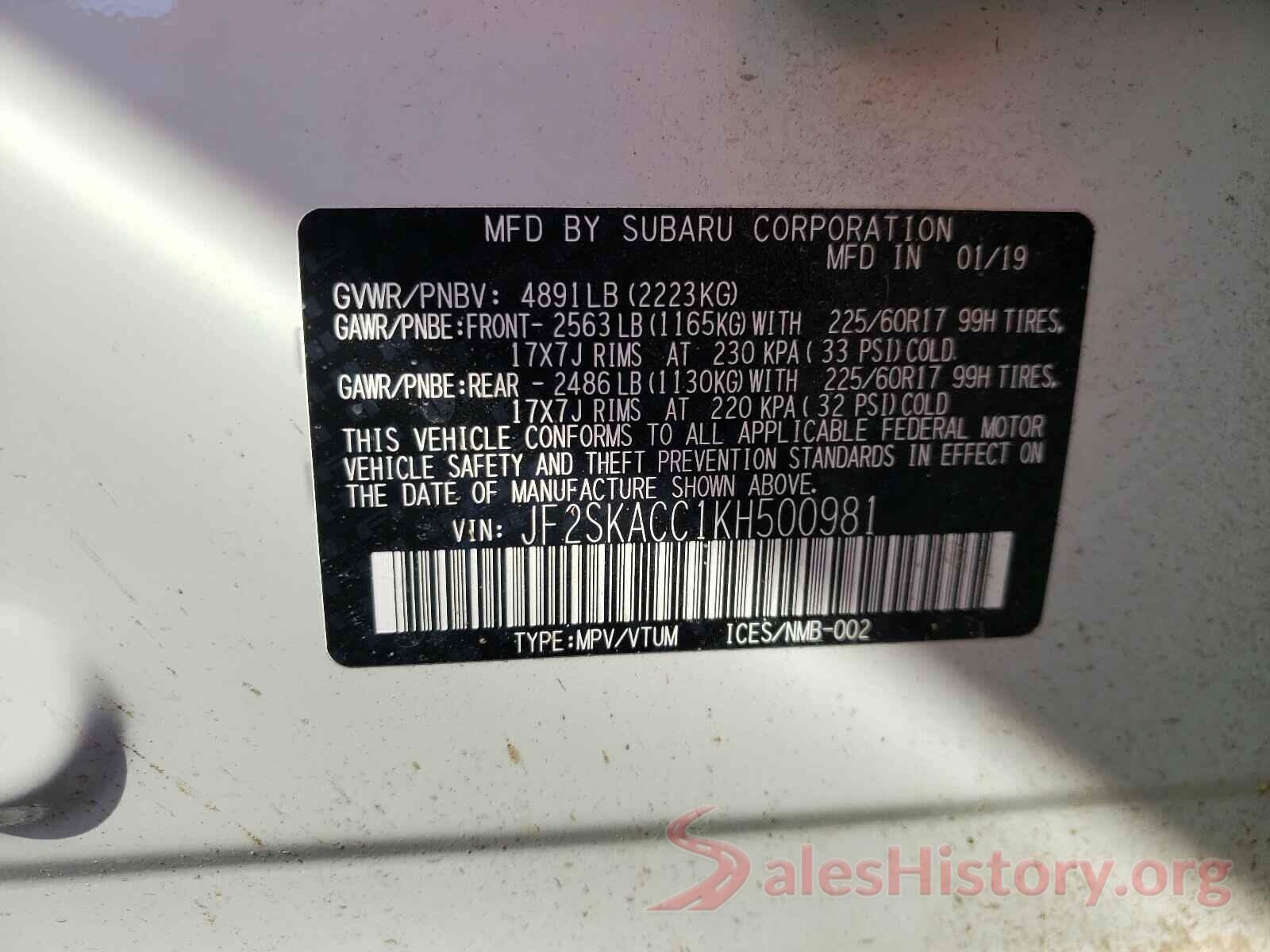 JF2SKACC1KH500981 2019 SUBARU FORESTER