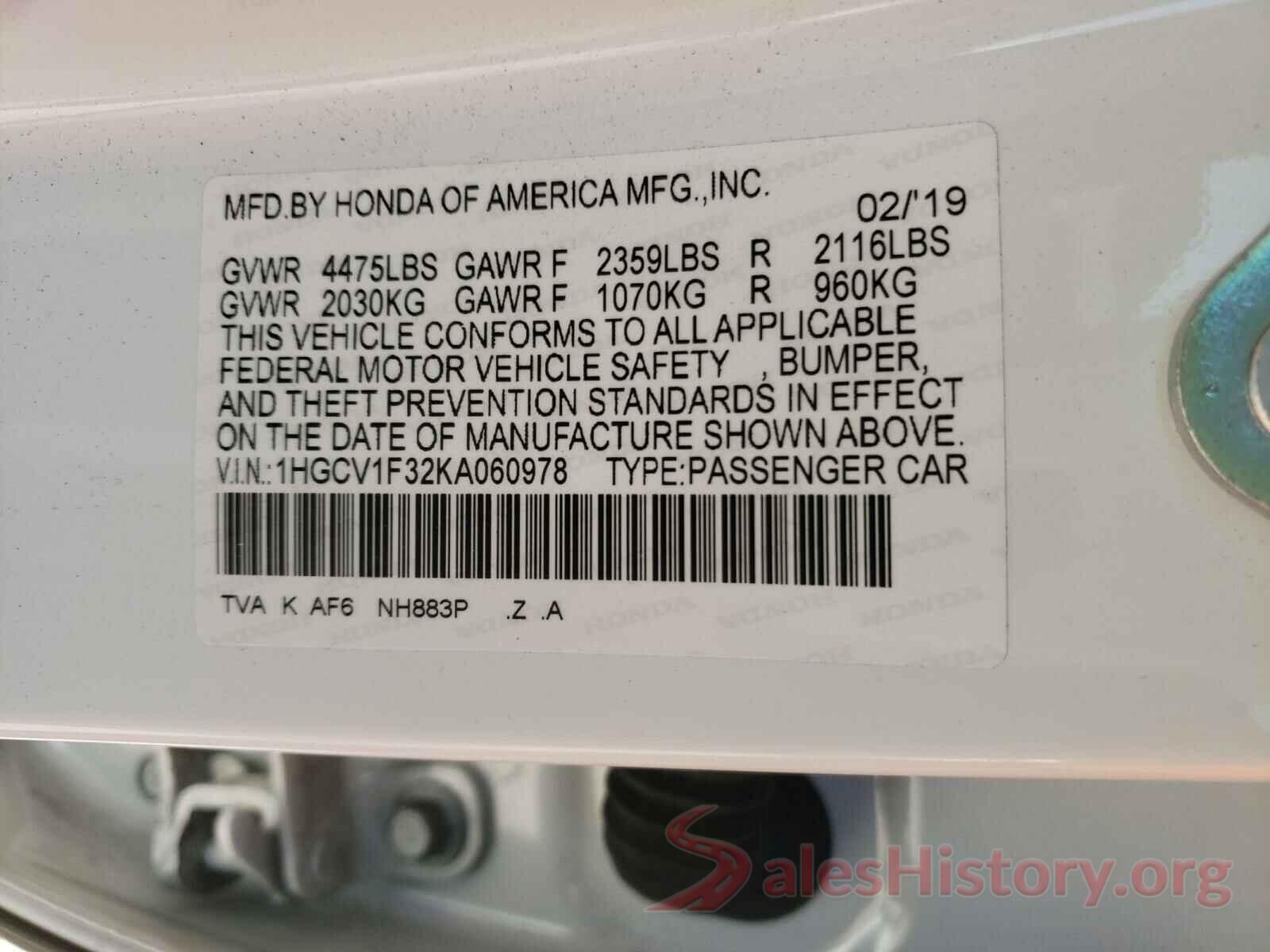 1HGCV1F32KA060978 2019 HONDA ACCORD