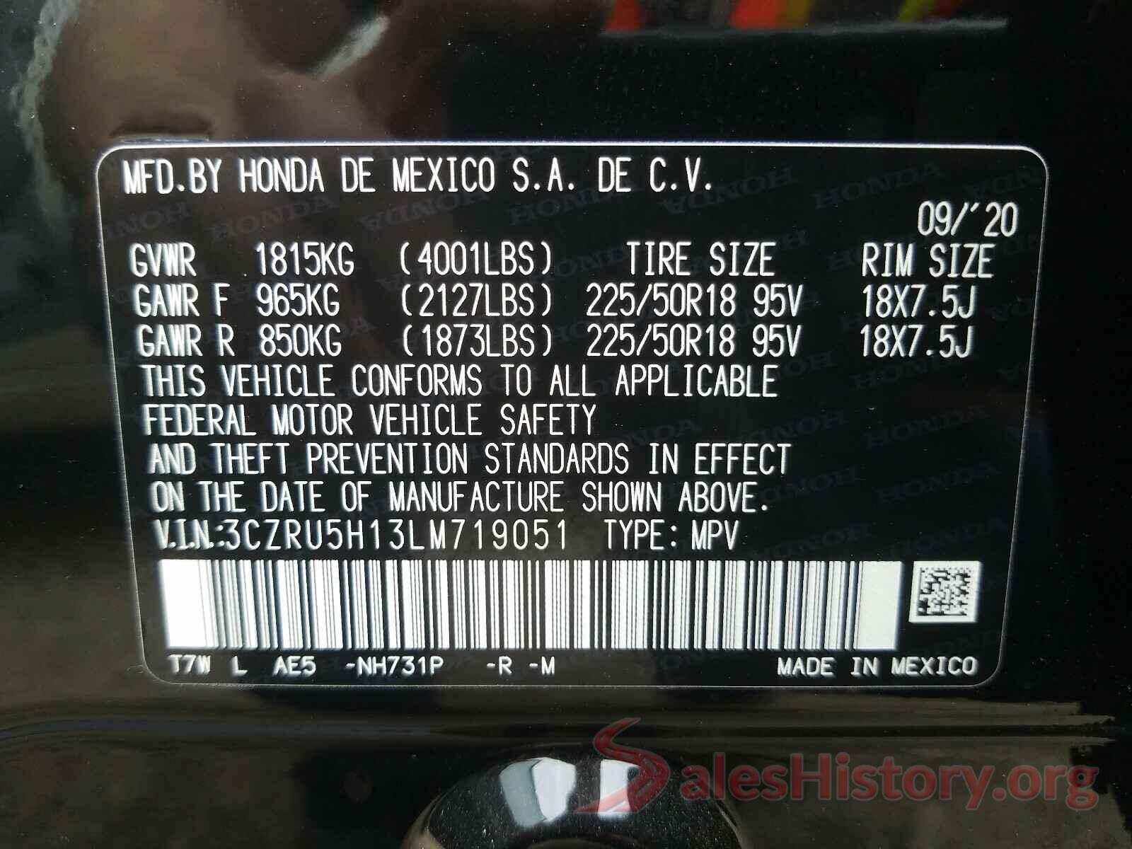 3CZRU5H13LM719051 2020 HONDA HR-V