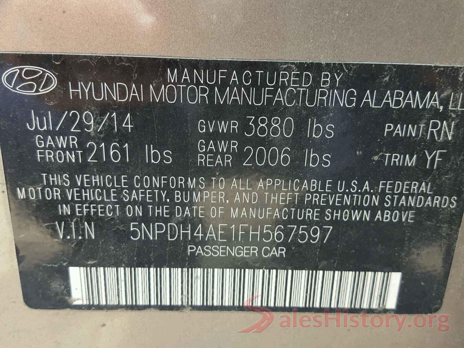 5NPDH4AE1FH567597 2015 HYUNDAI ELANTRA