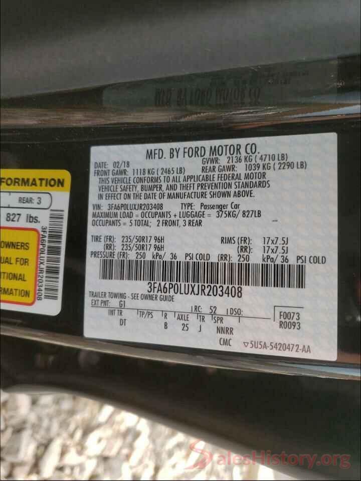 3FA6P0LUXJR203408 2018 FORD FUSION