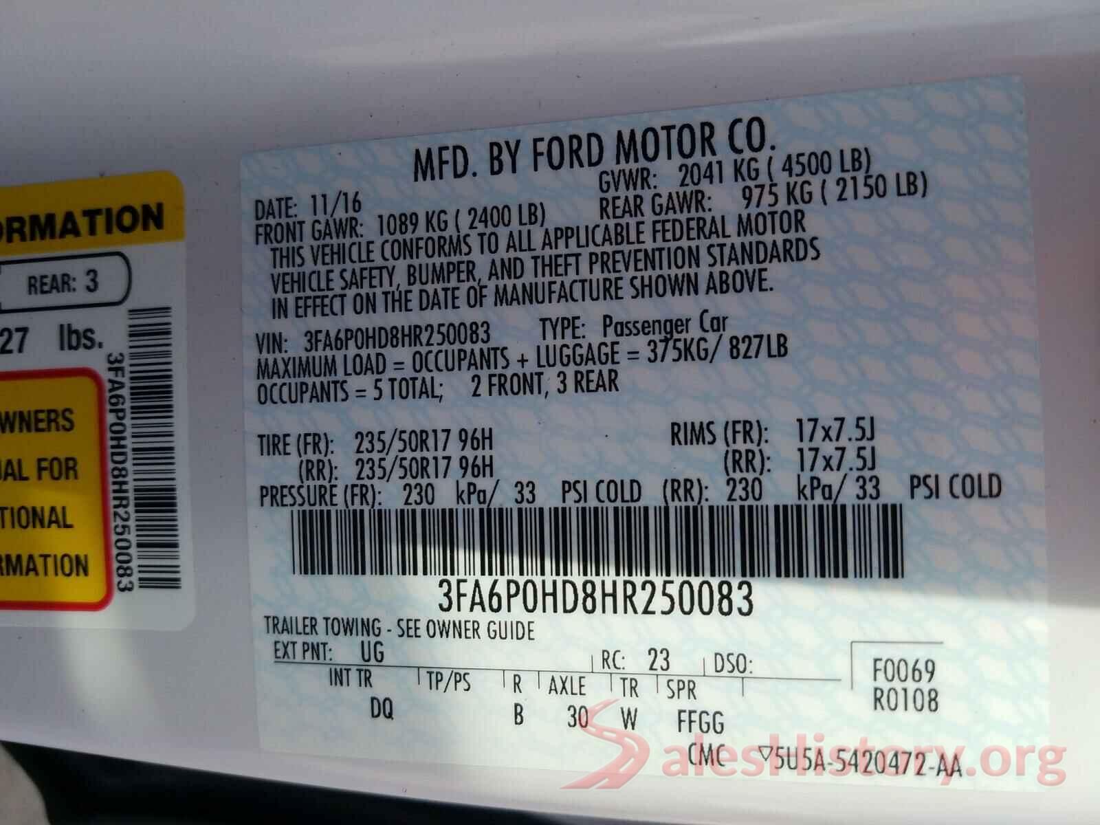 3FA6P0HD8HR250083 2017 FORD FUSION