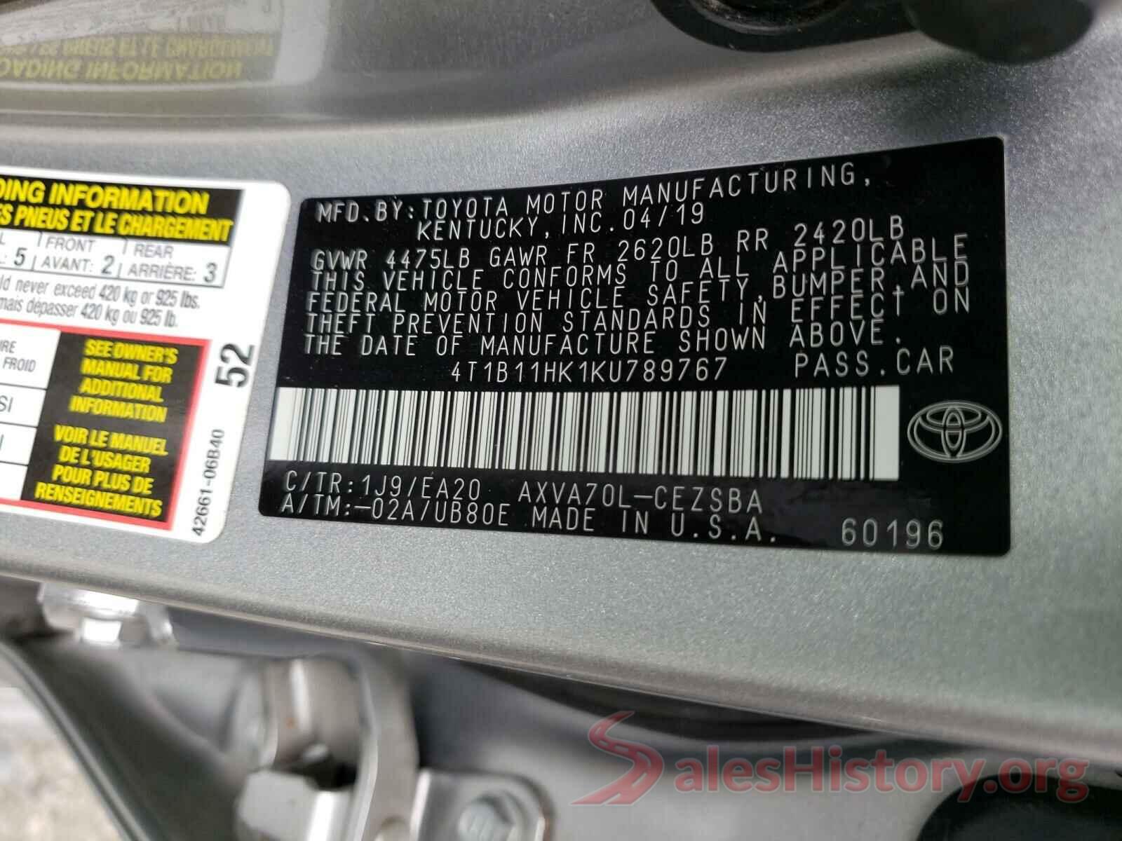 4T1B11HK1KU789767 2019 TOYOTA CAMRY