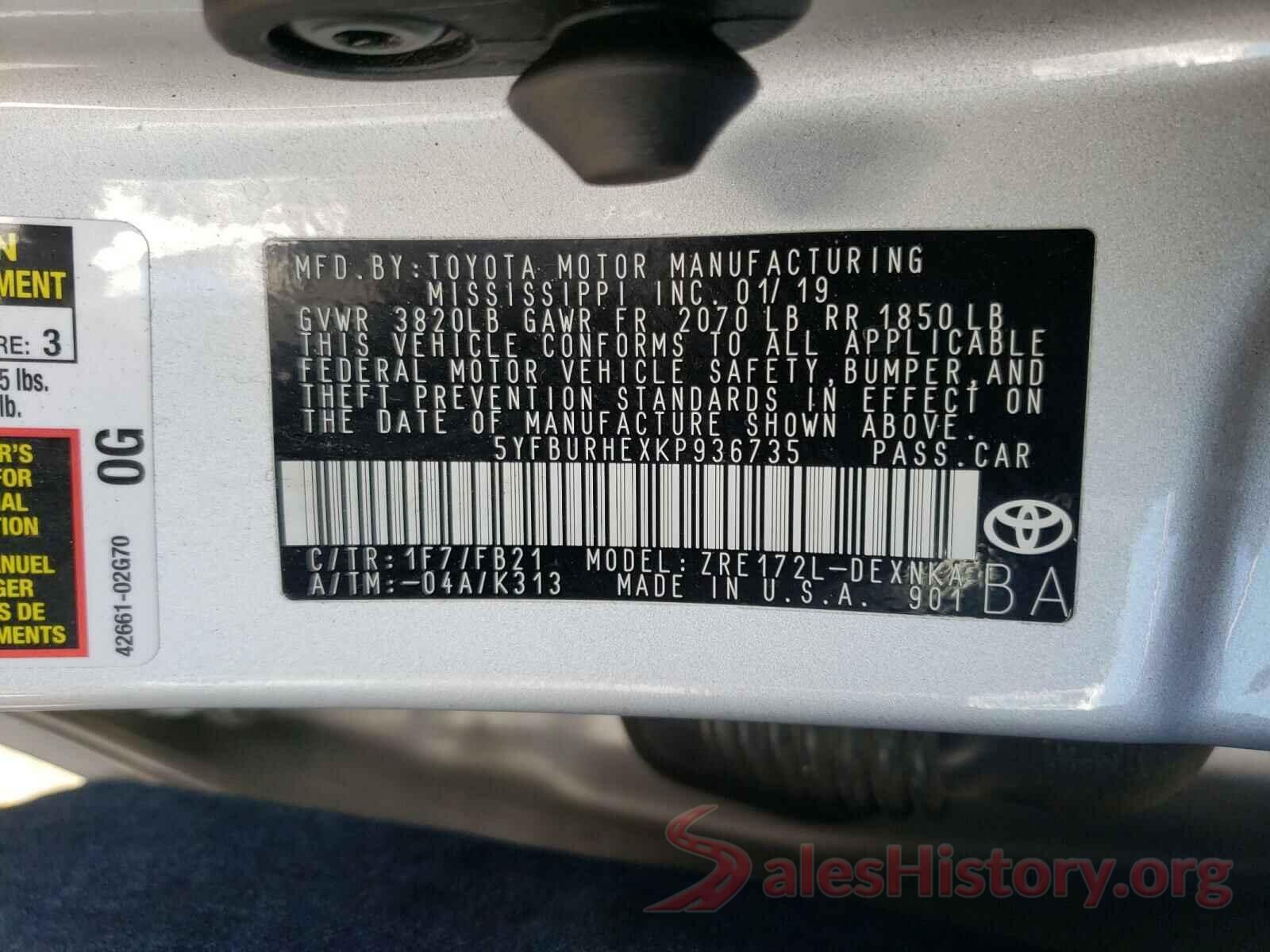 5YFBURHEXKP936735 2019 TOYOTA COROLLA