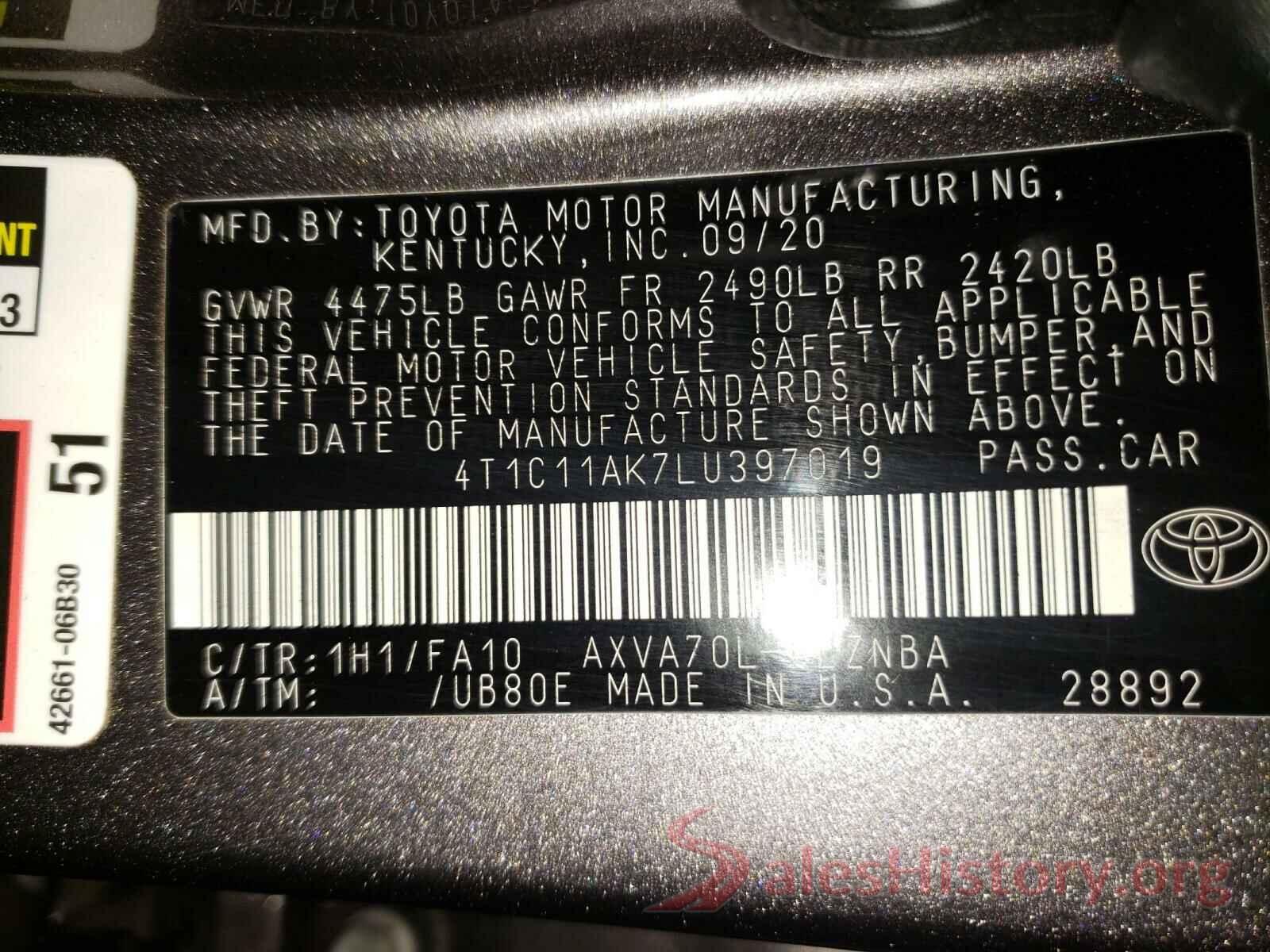 4T1C11AK7LU397019 2020 TOYOTA CAMRY