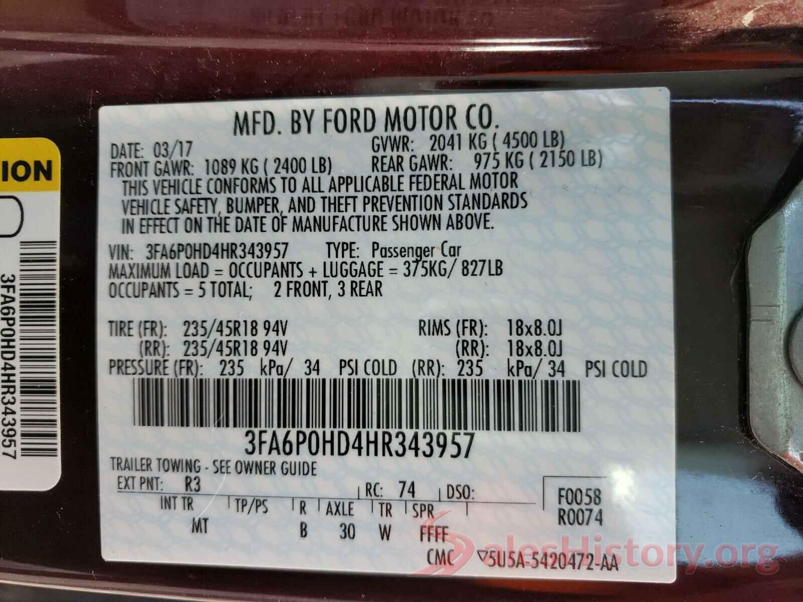 3FA6P0HD4HR343957 2017 FORD FUSION