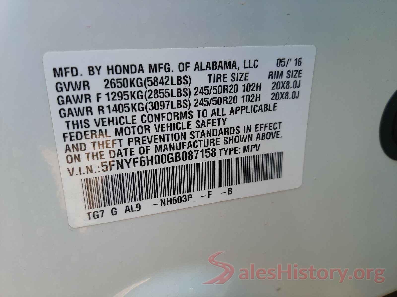 5FNYF6H00GB087158 2016 HONDA PILOT