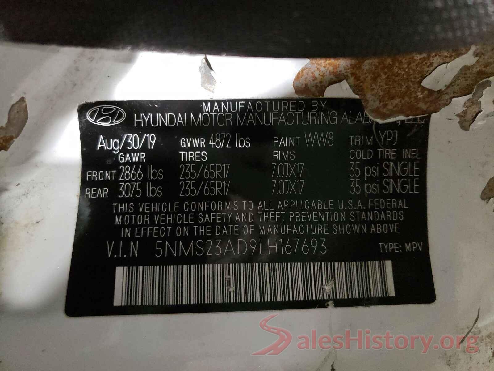 5NMS23AD9LH167693 2020 HYUNDAI SANTA FE