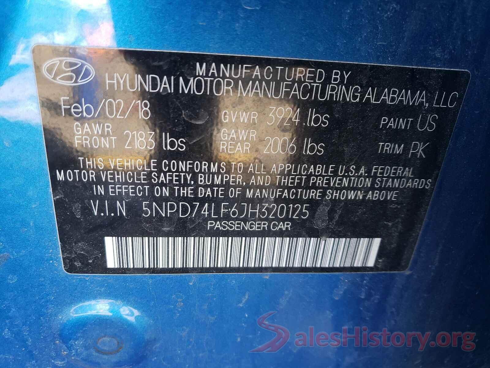 5NPD74LF6JH320125 2018 HYUNDAI ELANTRA