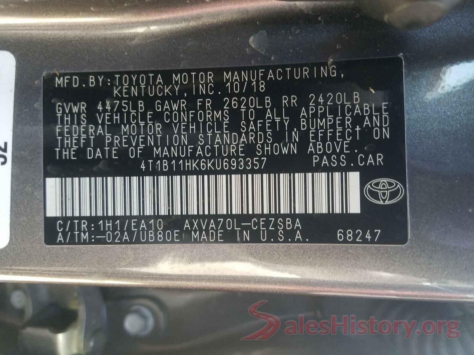 4T1B11HK6KU693357 2019 TOYOTA CAMRY