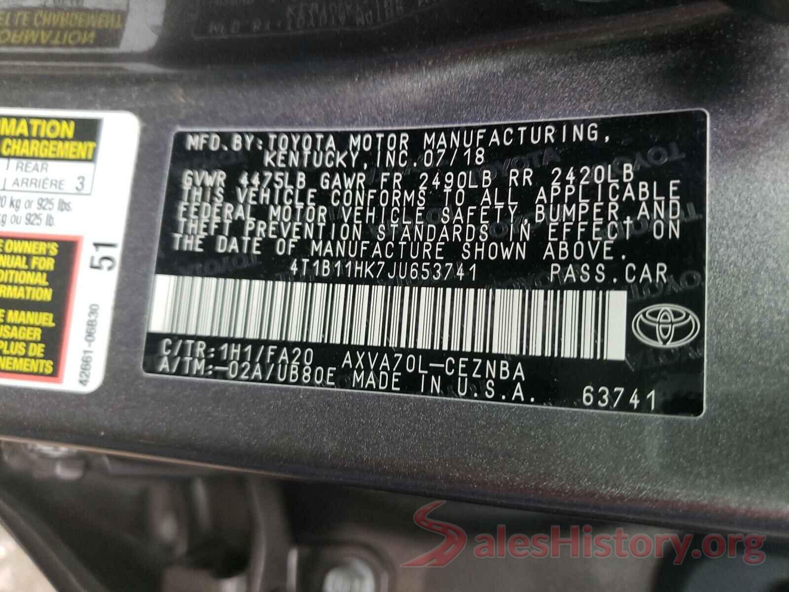 4T1B11HK7JU653741 2018 TOYOTA CAMRY