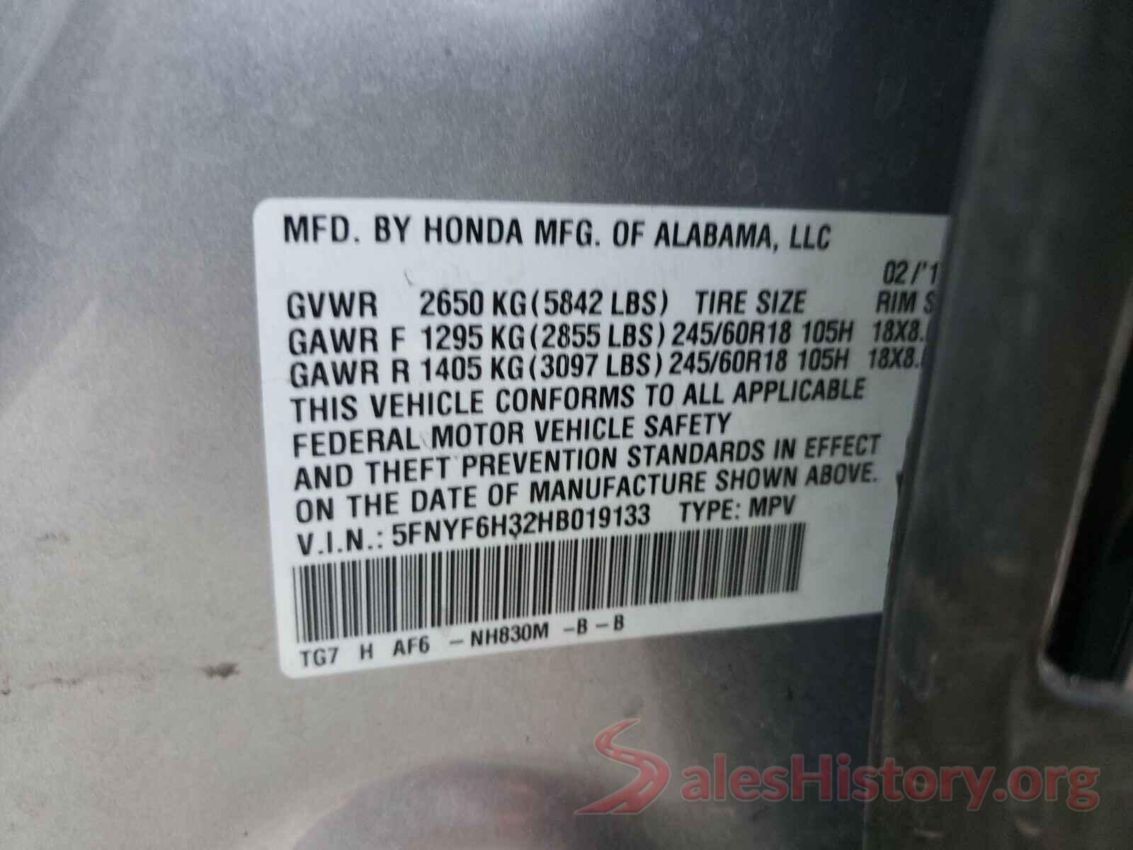 5FNYF6H32HB019133 2017 HONDA PILOT