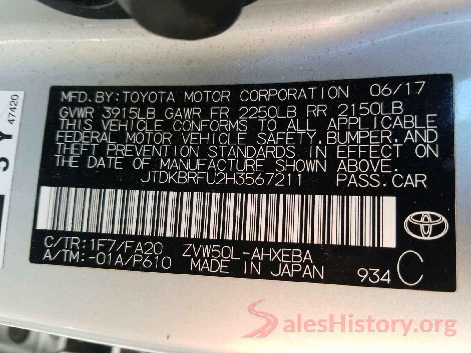 JTDKBRFU2H3567211 2017 TOYOTA PRIUS