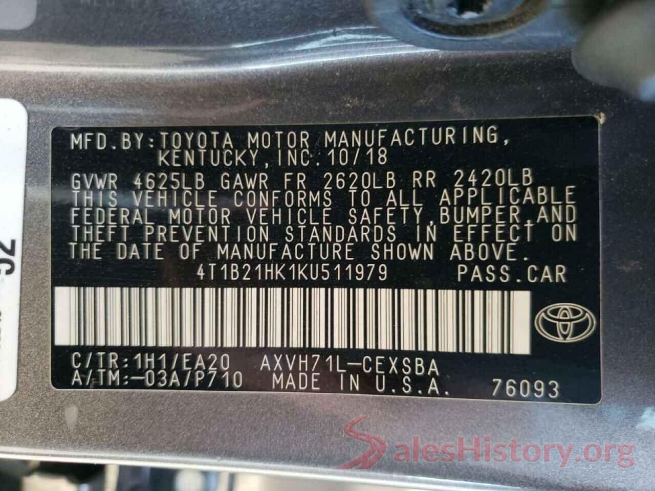 4T1B21HK1KU511979 2019 TOYOTA CAMRY