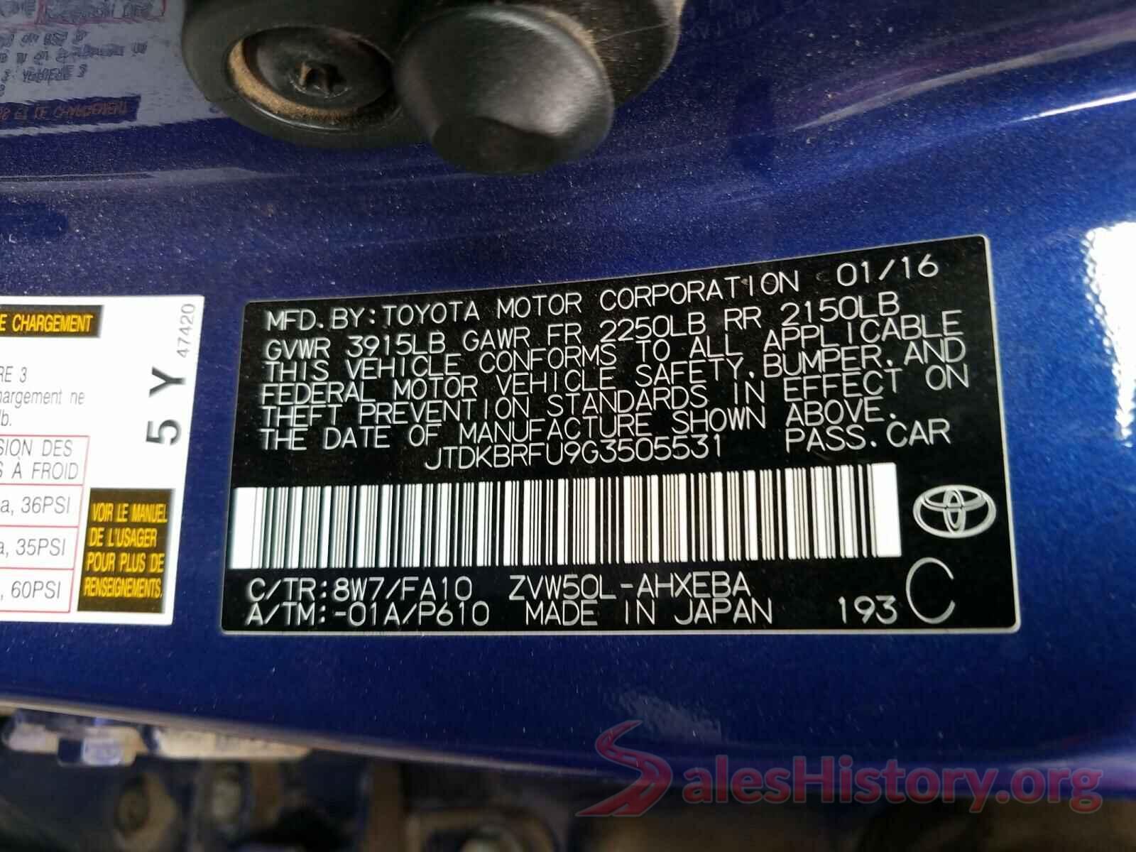 JTDKBRFU9G3505531 2016 TOYOTA PRIUS