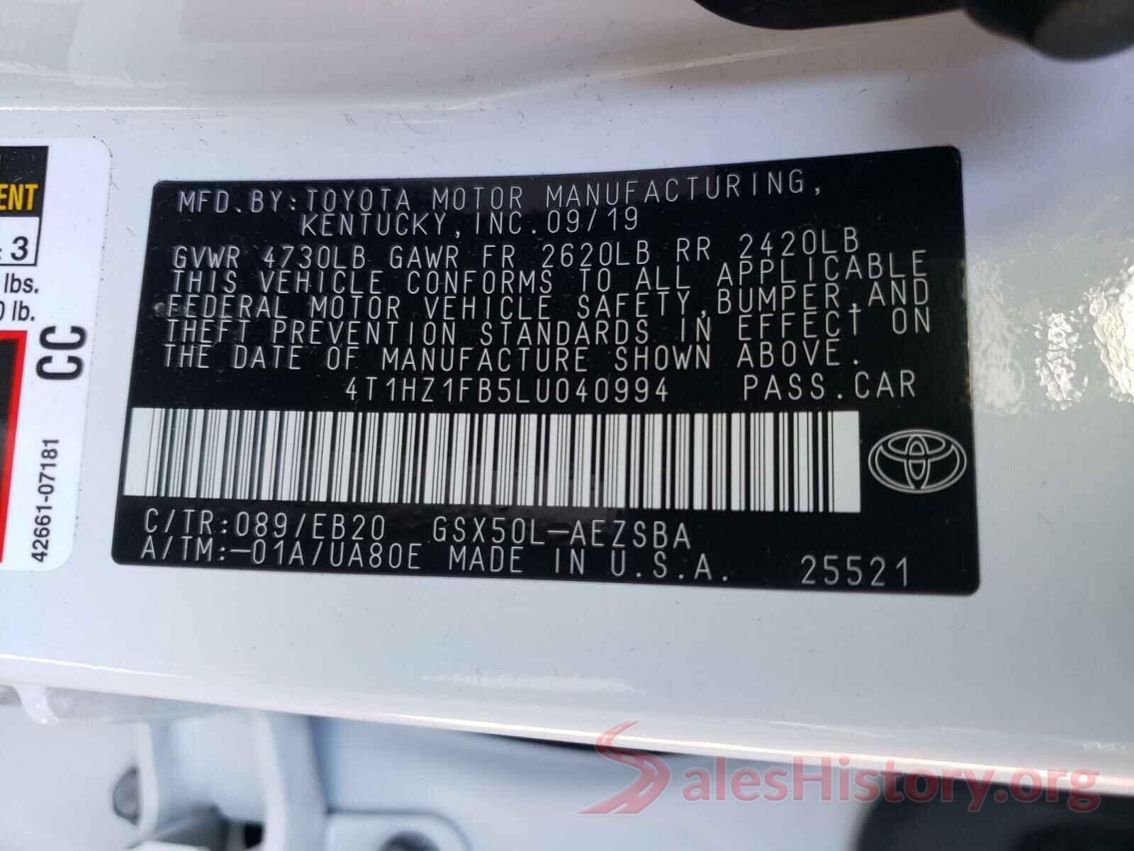 4T1HZ1FB5LU040994 2020 TOYOTA AVALON