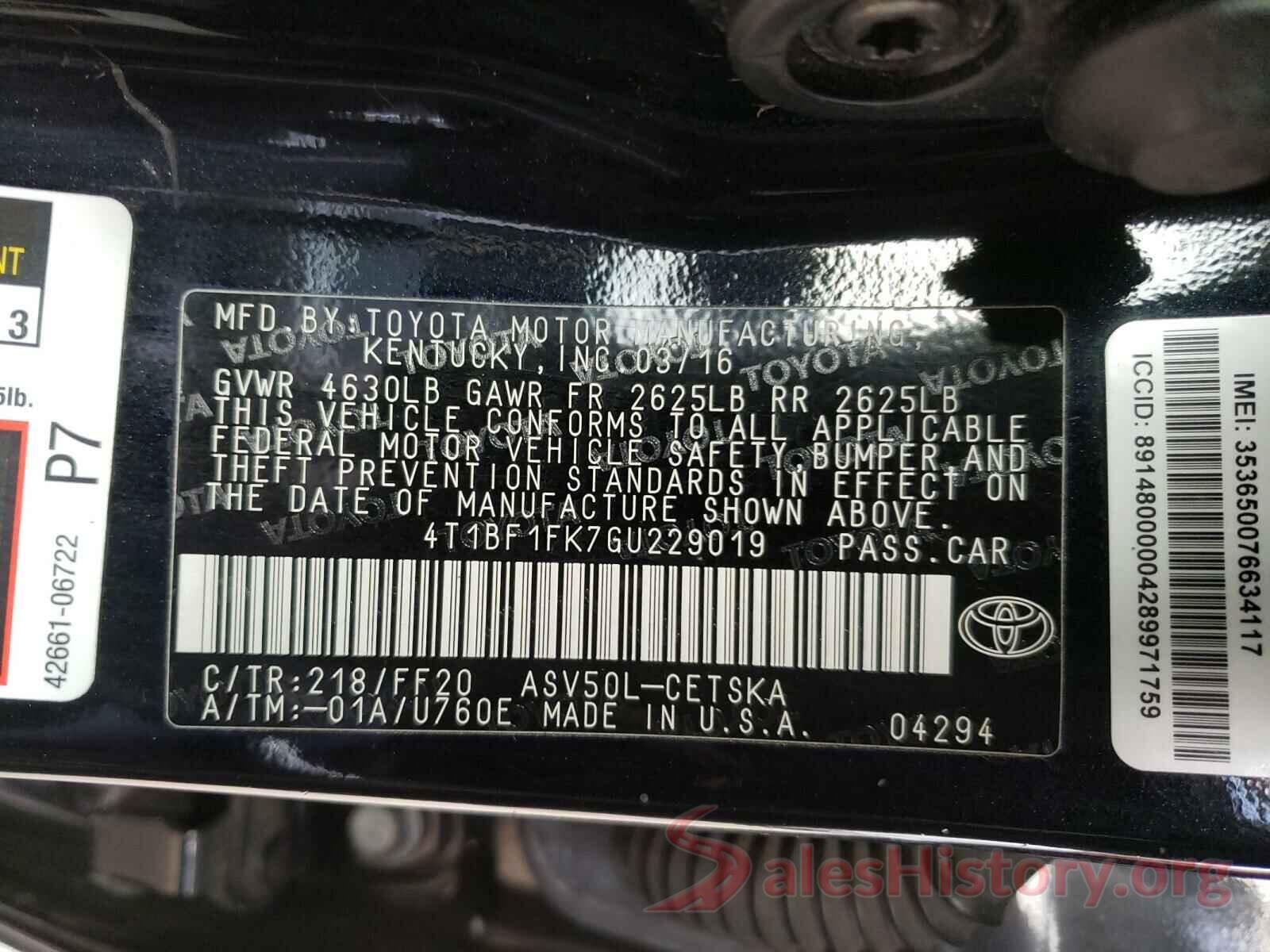 4T1BF1FK7GU229019 2016 TOYOTA CAMRY