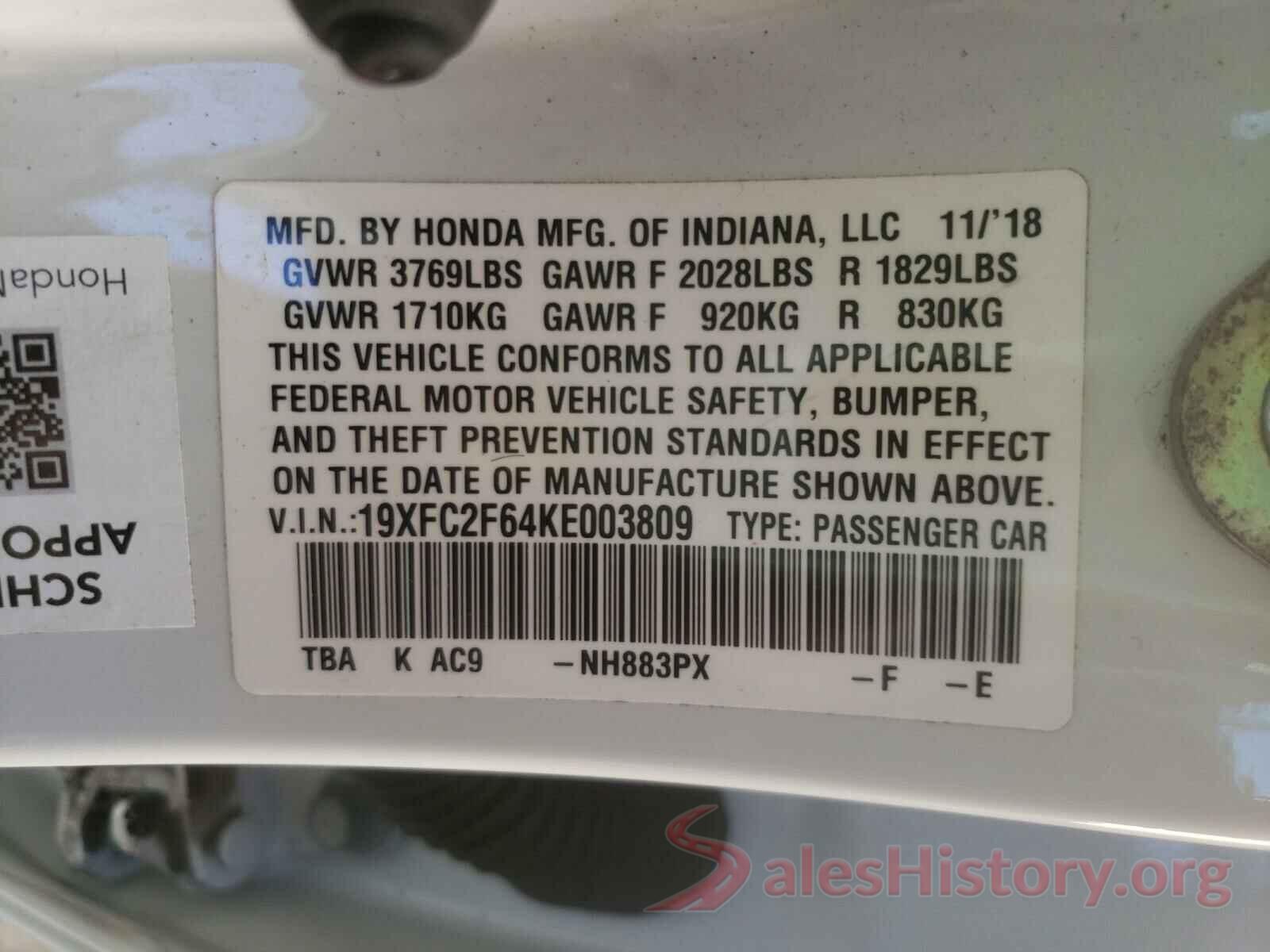 19XFC2F64KE003809 2019 HONDA CIVIC