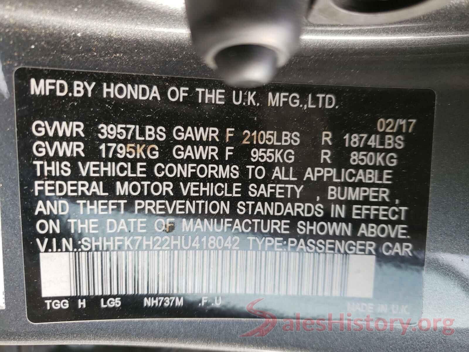 SHHFK7H22HU418042 2017 HONDA CIVIC