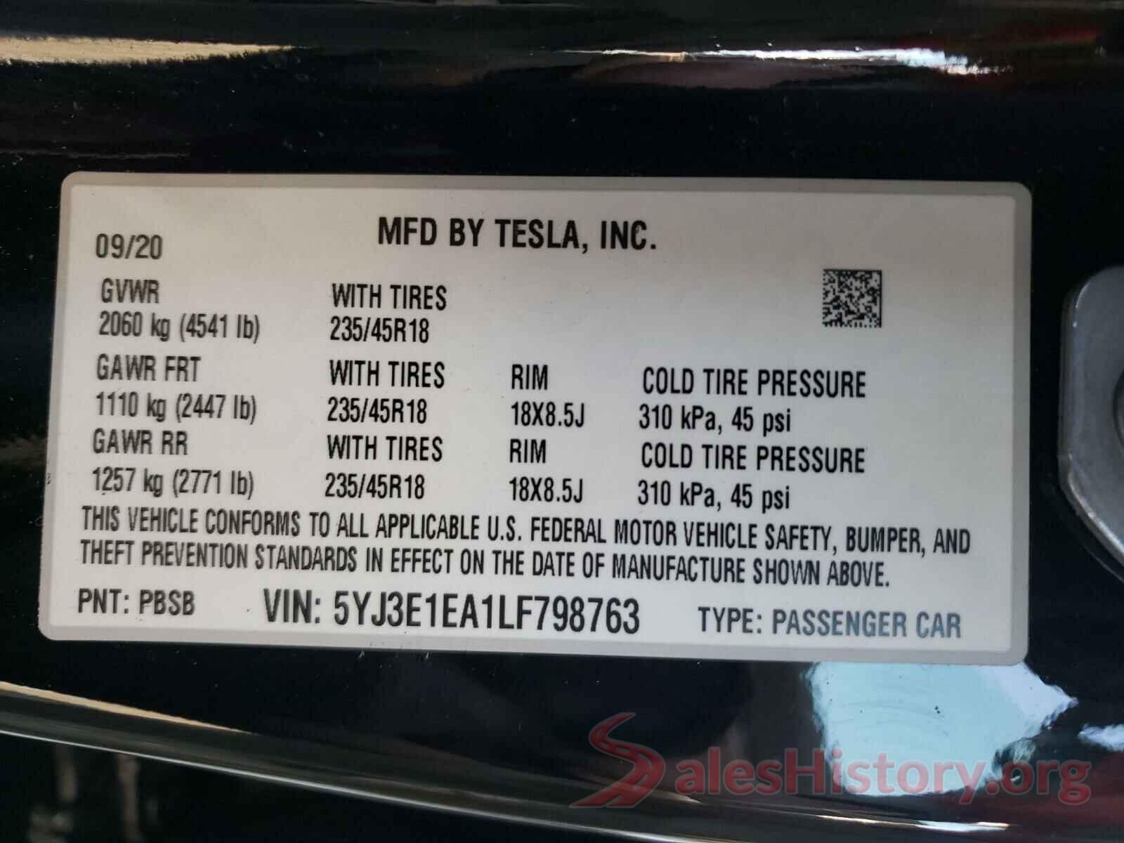 5YJ3E1EA1LF798763 2020 TESLA MODEL 3