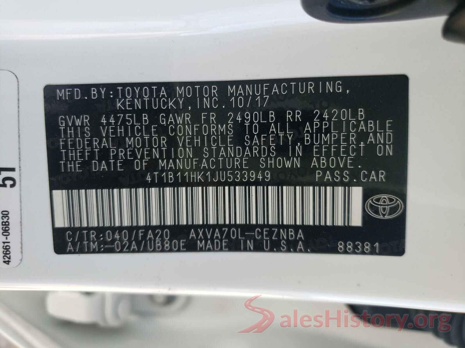 4T1B11HK1JU533949 2018 TOYOTA CAMRY