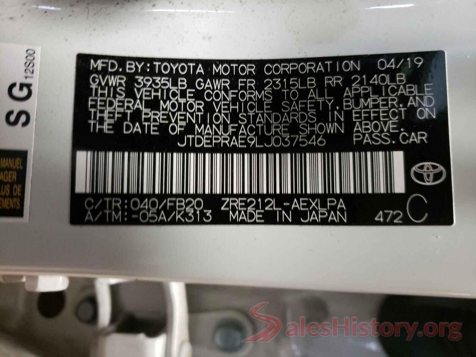 JTDEPRAE9LJ037546 2020 TOYOTA COROLLA