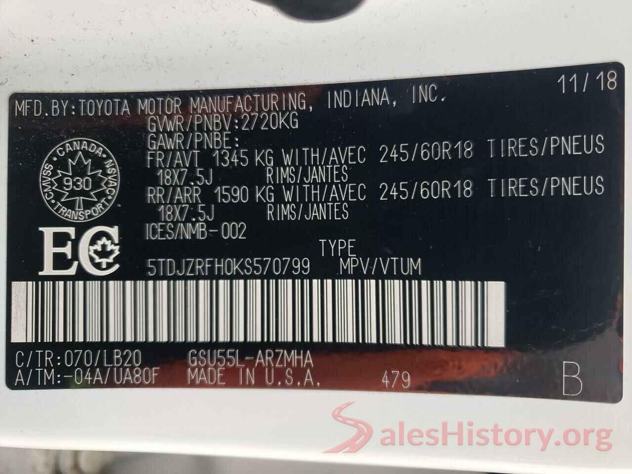 5TDJZRFH0KS570799 2019 TOYOTA HIGHLANDER